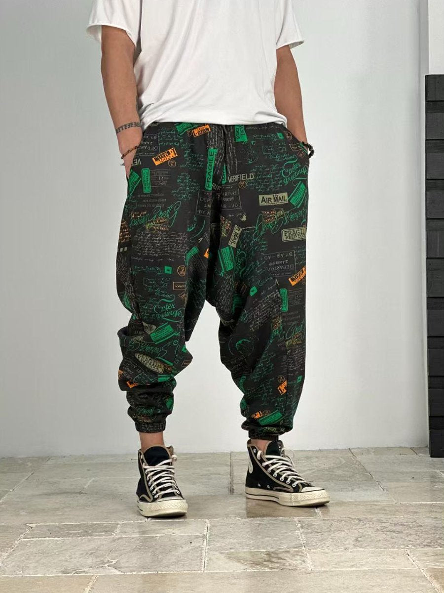 Stylish green patterned baggy trousers