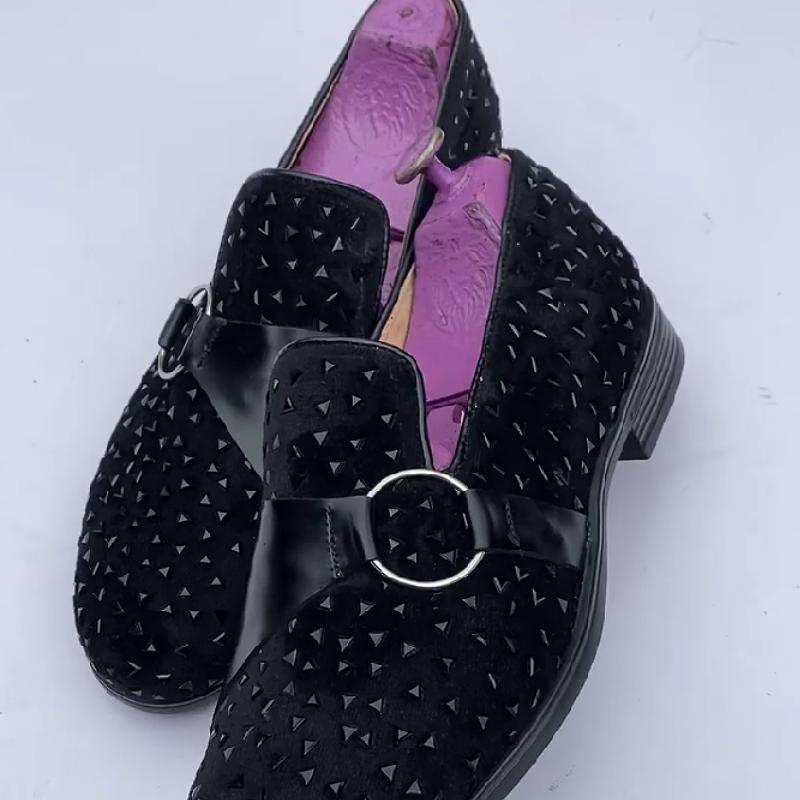 Single-buckle rhinestone light luxury glitter leather shoes