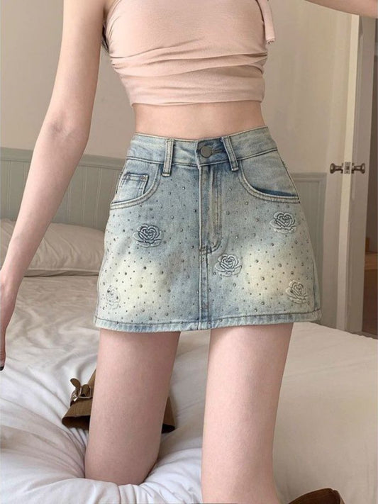 Vintage Spice Girl High Waist Rose Jacquard Hot Rhinestone Denim Skirt