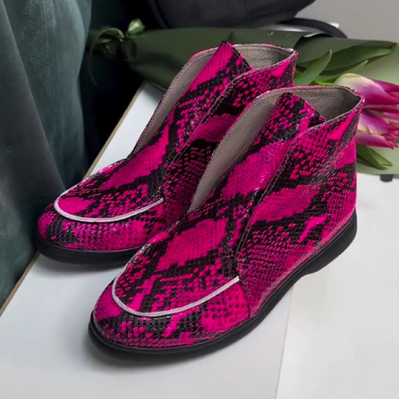 Women's boots with rose red snake print