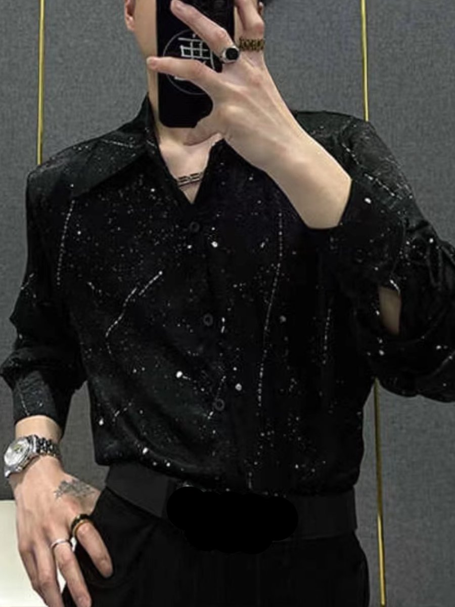 Rhinestone thin padded-shoulder long-sleeved shirt