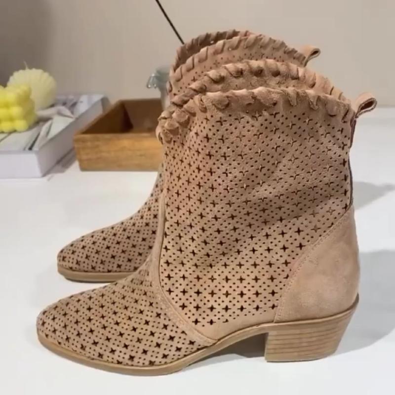 Brown cut-out pointed-toe mid-heel boots