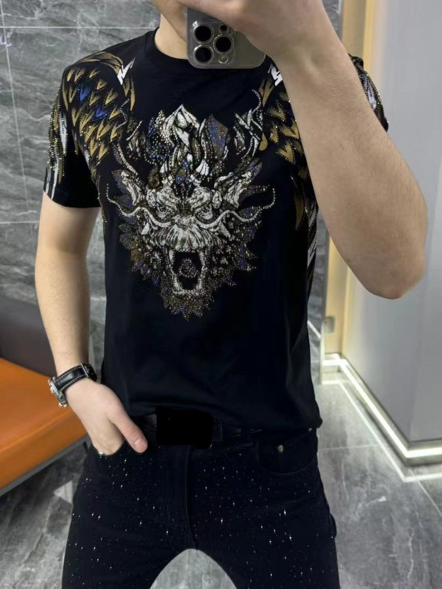 Trend Heavy Industry Tiger Head Hot Drilling Personality Short Sleeve