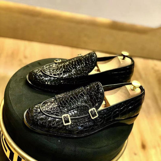 Double-buckle shiny crocodile print fashion leather shoes