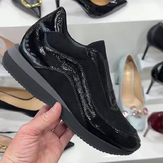 Black shiny panelled wedge shoes