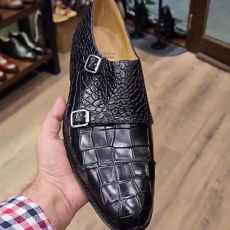 Double-buckle crocodile leather panel casual men's shoes