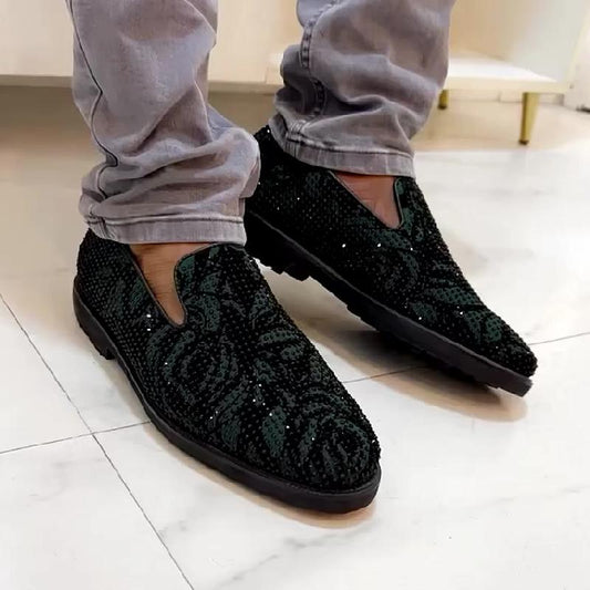 Green pattern rhinestone fashion men's shoes