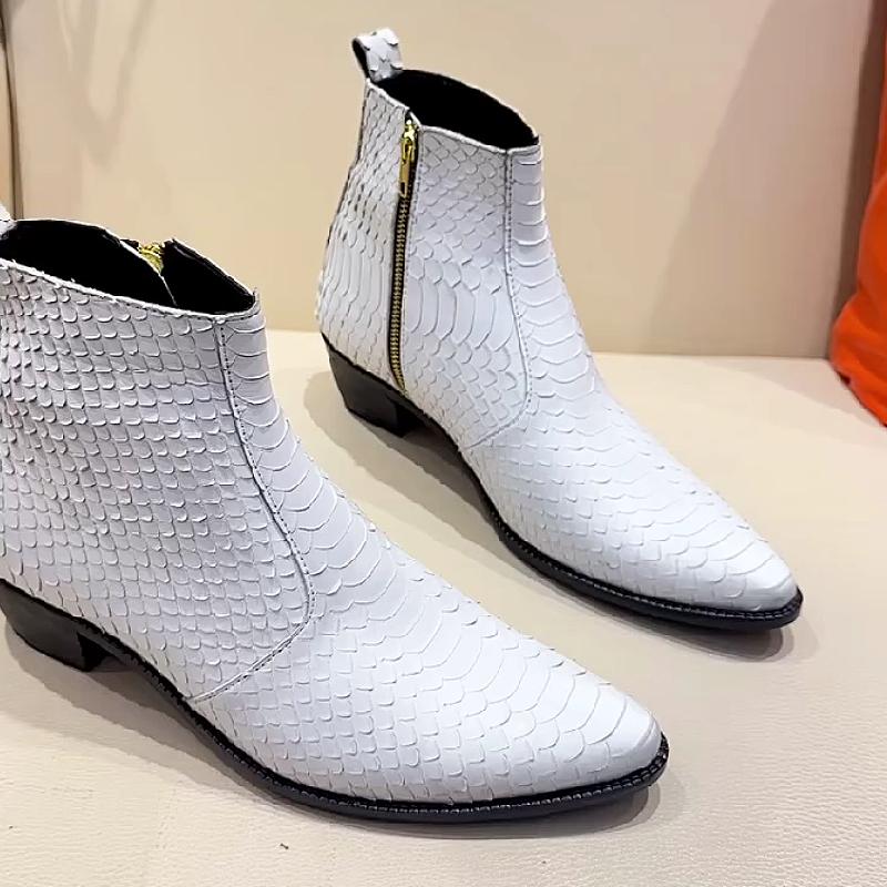 Leather snake-print pointed-toe business boots