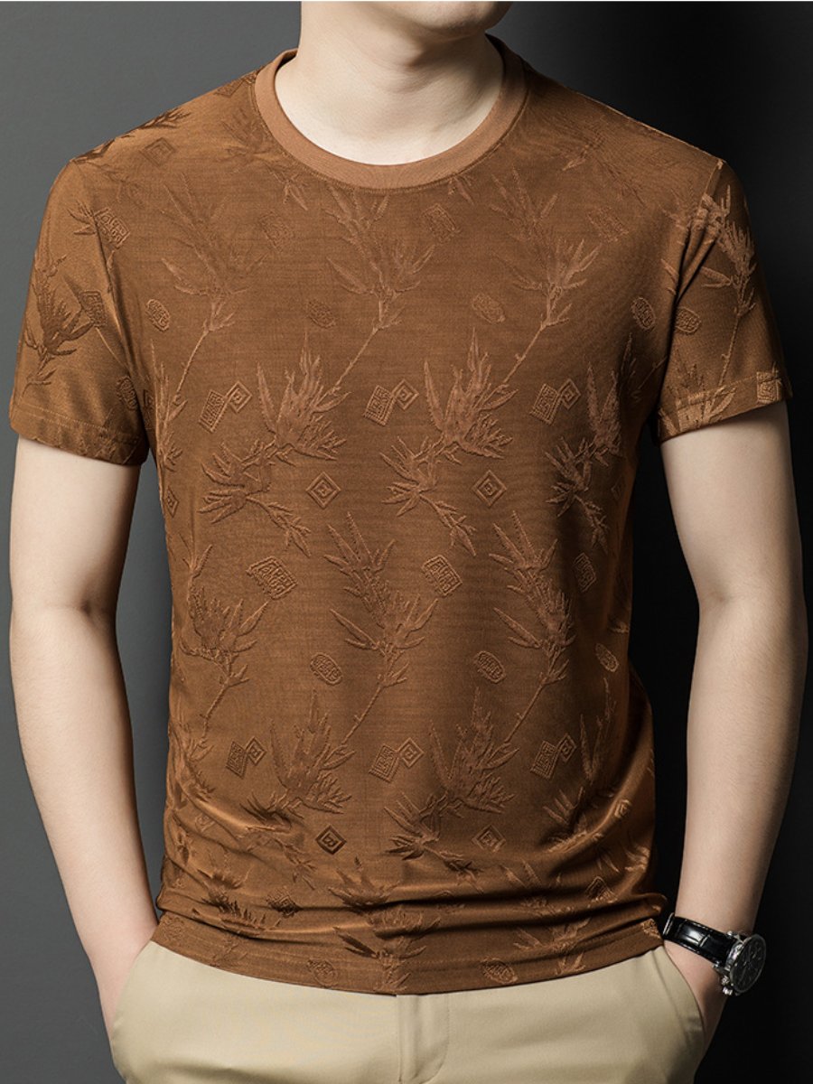 Leaf-print ice silk short-sleeved T-shirt