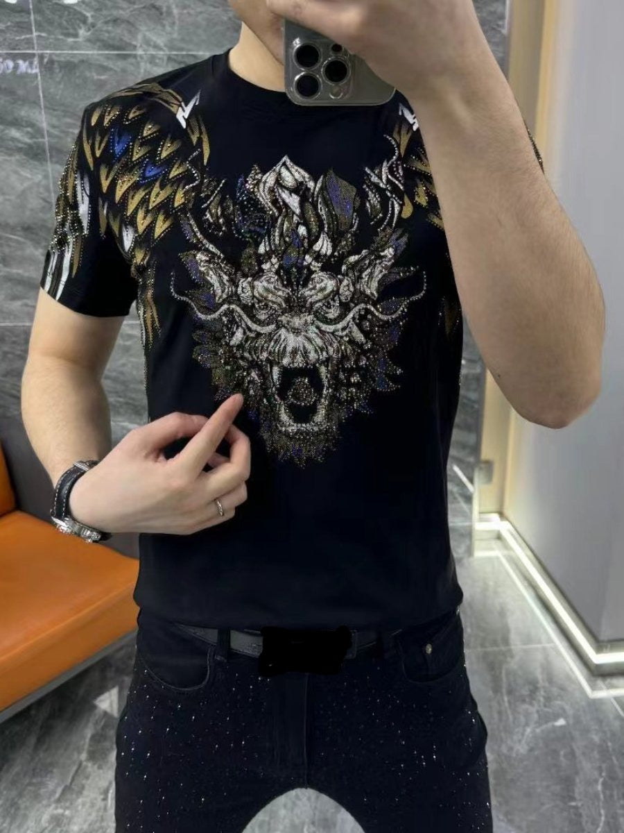 Trend Heavy Industry Tiger Head Hot Drilling Personality Short Sleeve