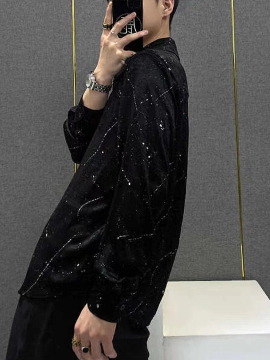 Rhinestone thin padded-shoulder long-sleeved shirt