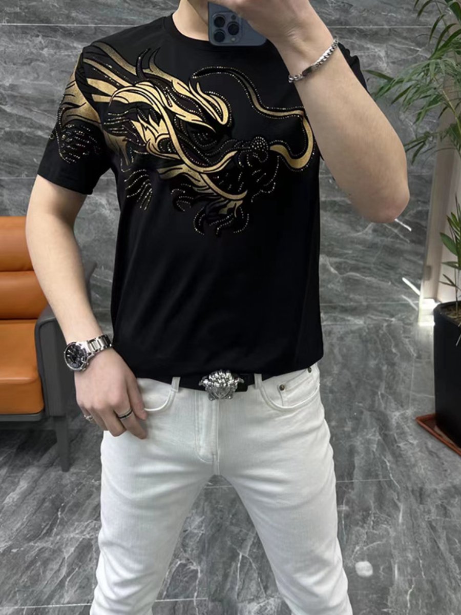 Fashion Bronzing Printing Foreign Style Hot Drilling Short Sleeve