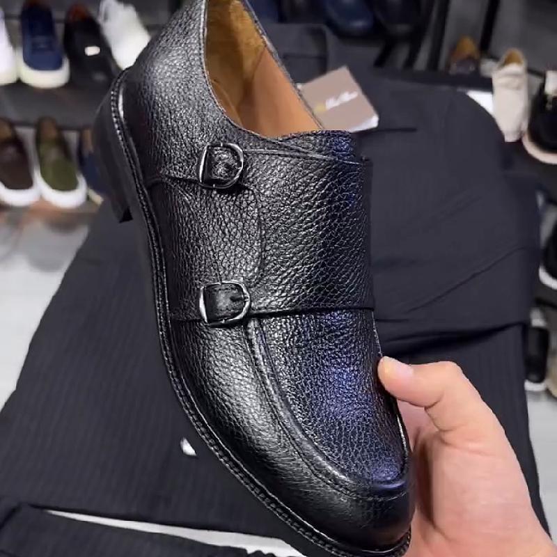 Handmade leather double-buckle men's shoes