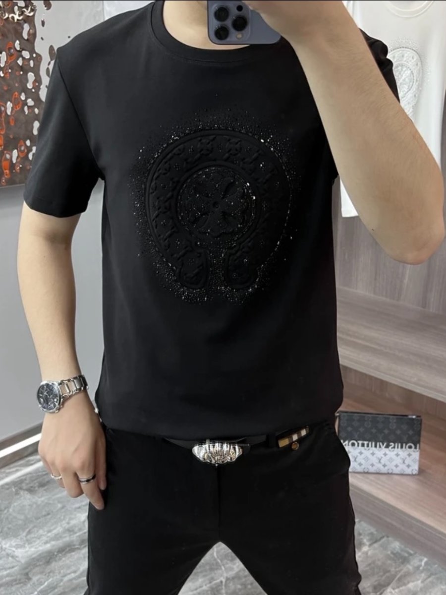 Embossed Hot Rhinestone Fashion Men's Short Sleeve