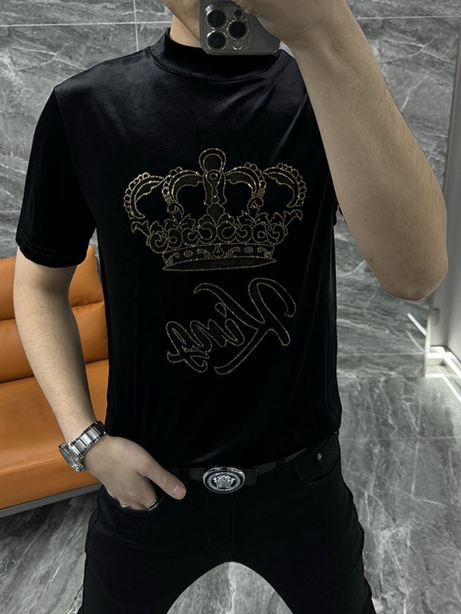 Light Luxury Gold Velvet Hot Drilling Slim-fit Short-sleeved