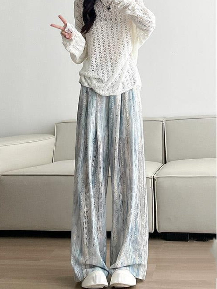 High waist draping casual slimming hollowed-out ice silk wide-leg pants