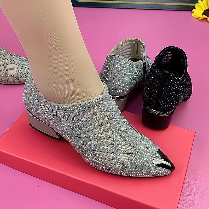 Mesh cut-out rhinestone low-heeled pointed-toe women's shoes