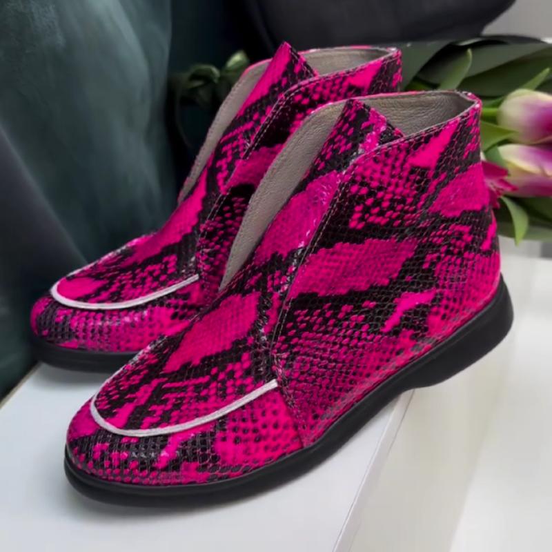 Women's boots with rose red snake print