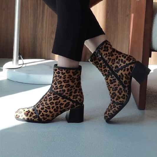 Fashionable leopard-print block-heeled mid-rise boots