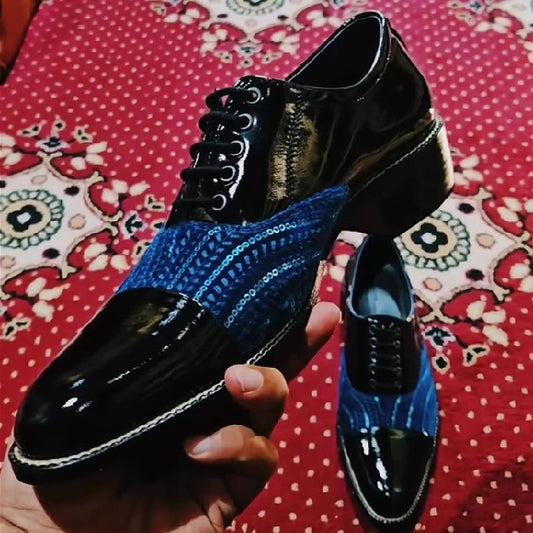 Men's leather shoes with blue sequins