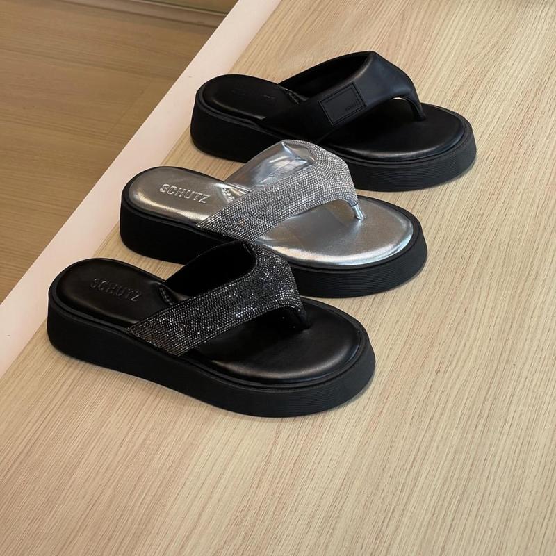 Three-buckle strap glitter flat sandals