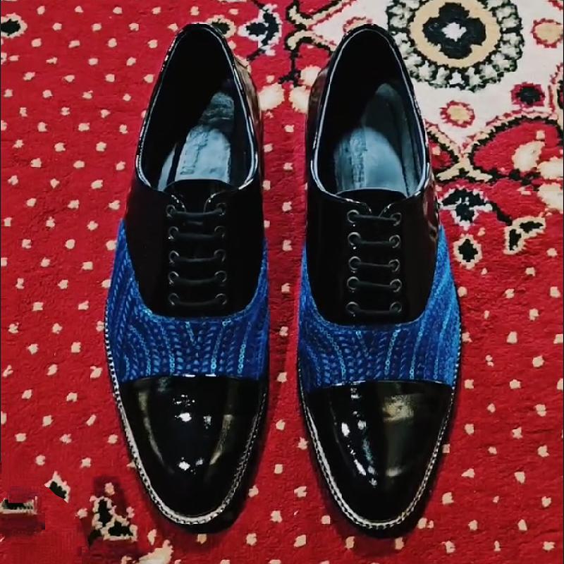 Men's leather shoes with blue sequins