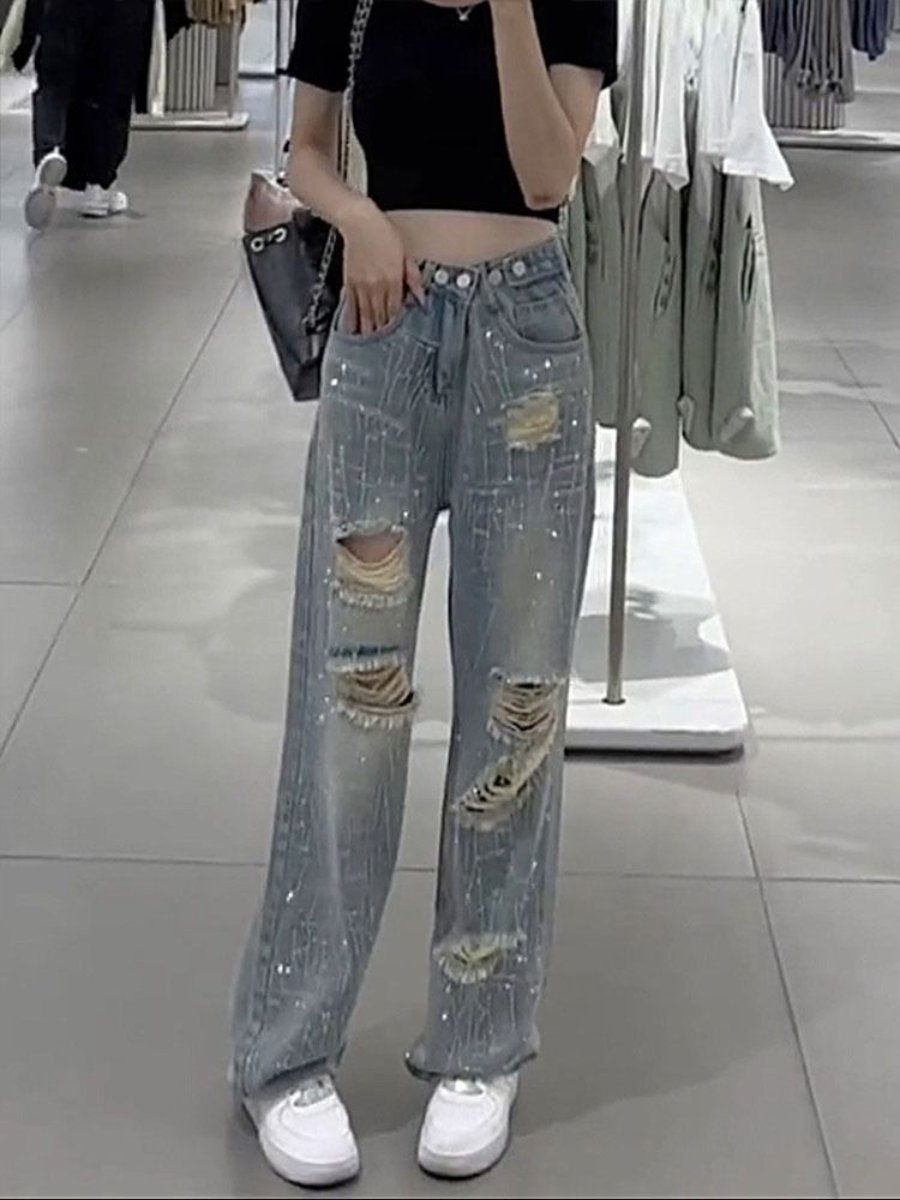 High-Waist Ripped Diamond Flash Straight Ins Jeans