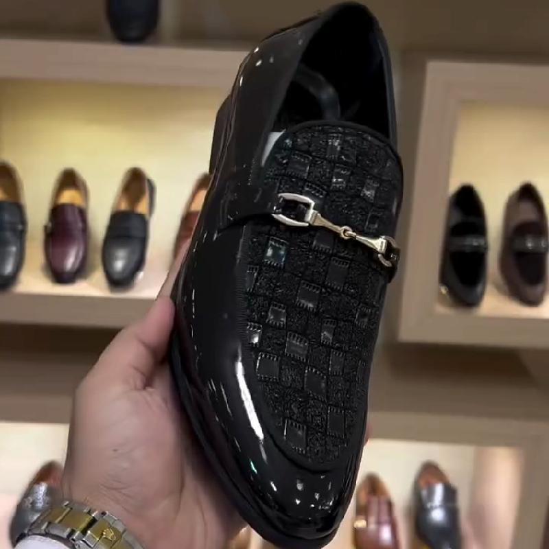 High-end leather shoes with checkered shiny metal buckles