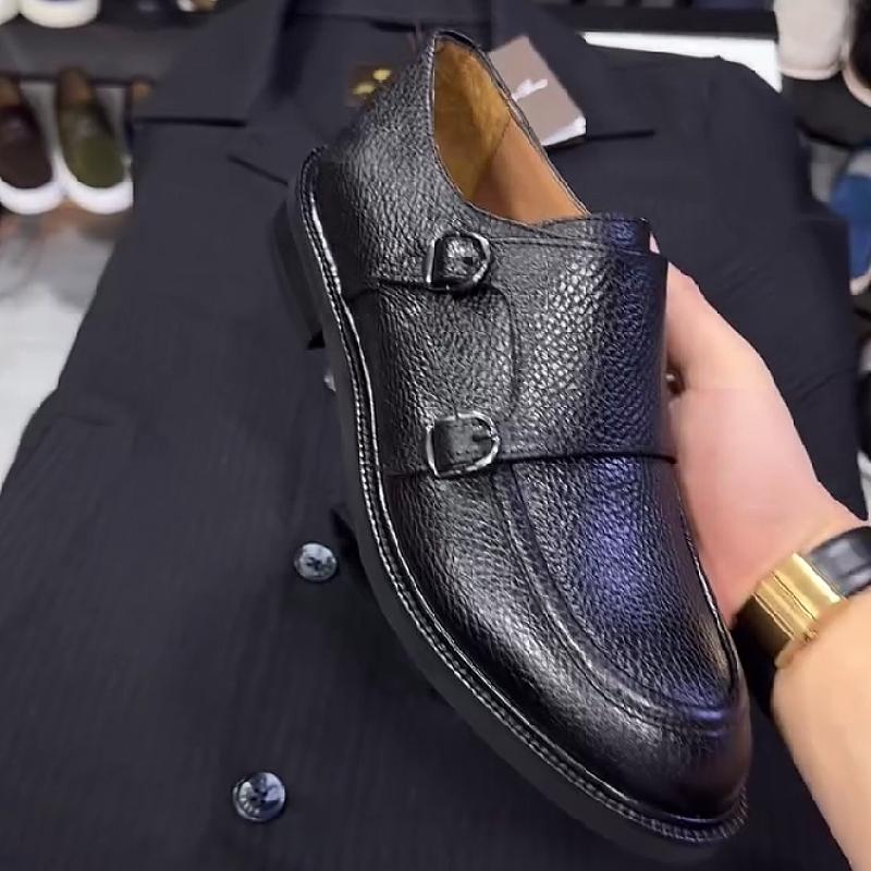 Handmade leather double-buckle men's shoes