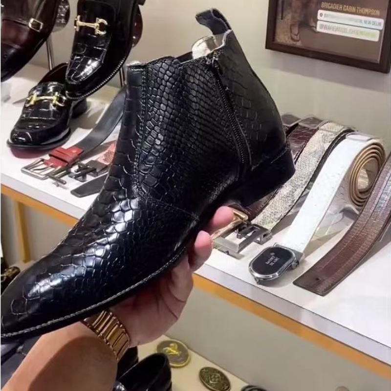 Shiny crocodile-print fashion men's boots