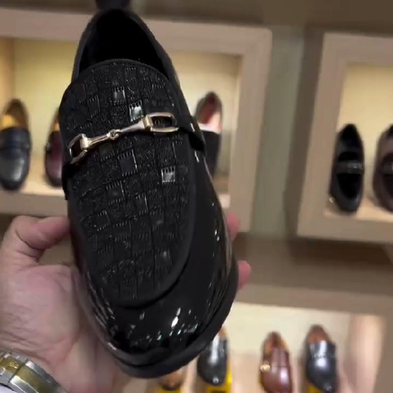 High-end leather shoes with checkered shiny metal buckles