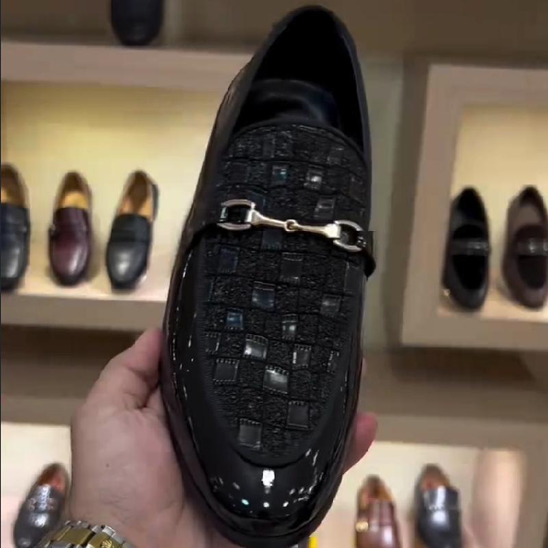 High-end leather shoes with checkered shiny metal buckles