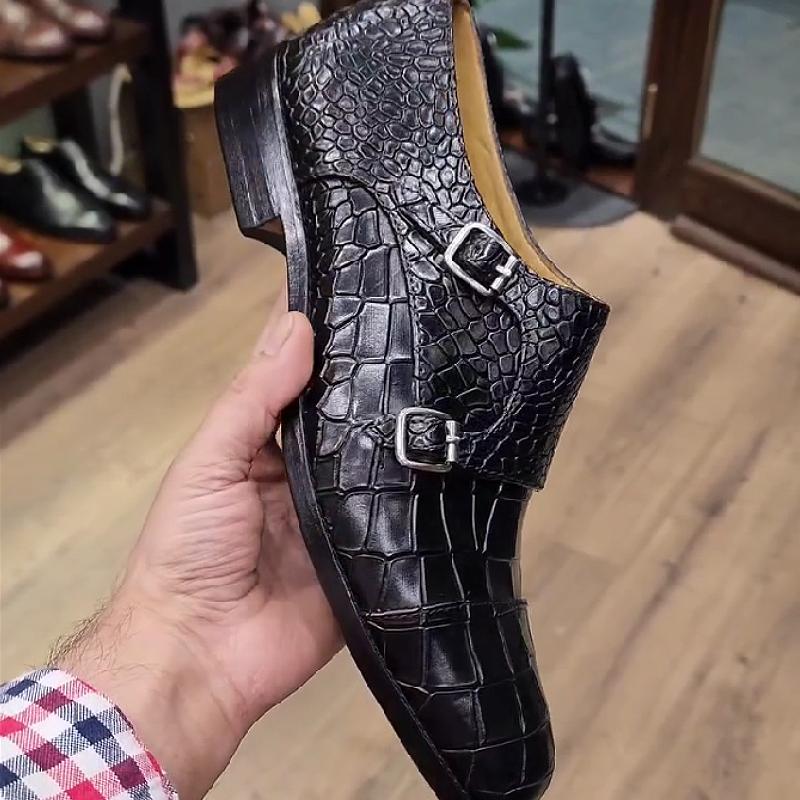 Double-buckle crocodile leather panel casual men's shoes