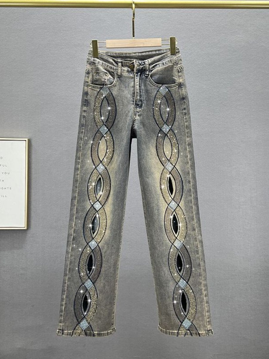 High-Waist Loose Slim-fit Twist Rhinestone Jeans