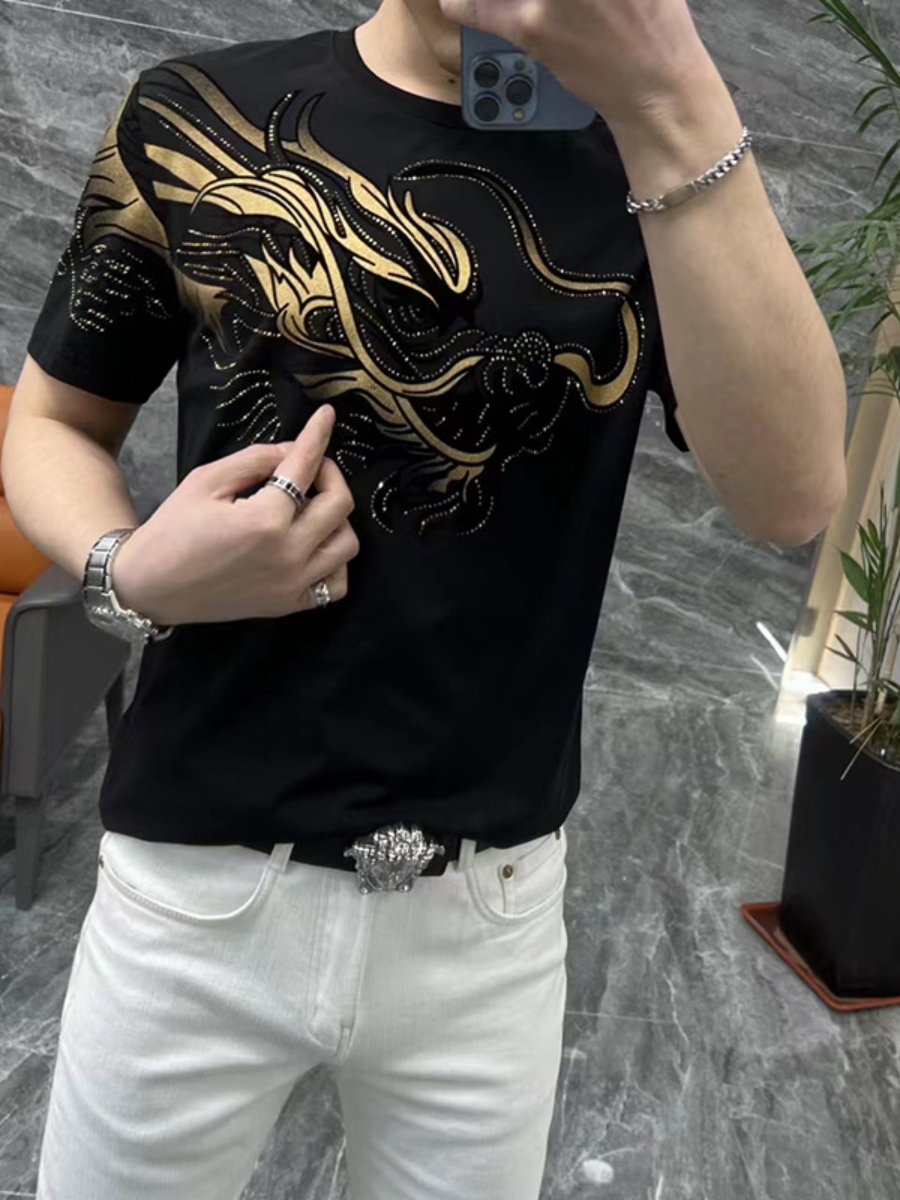 Fashion Bronzing Printing Foreign Style Hot Drilling Short Sleeve