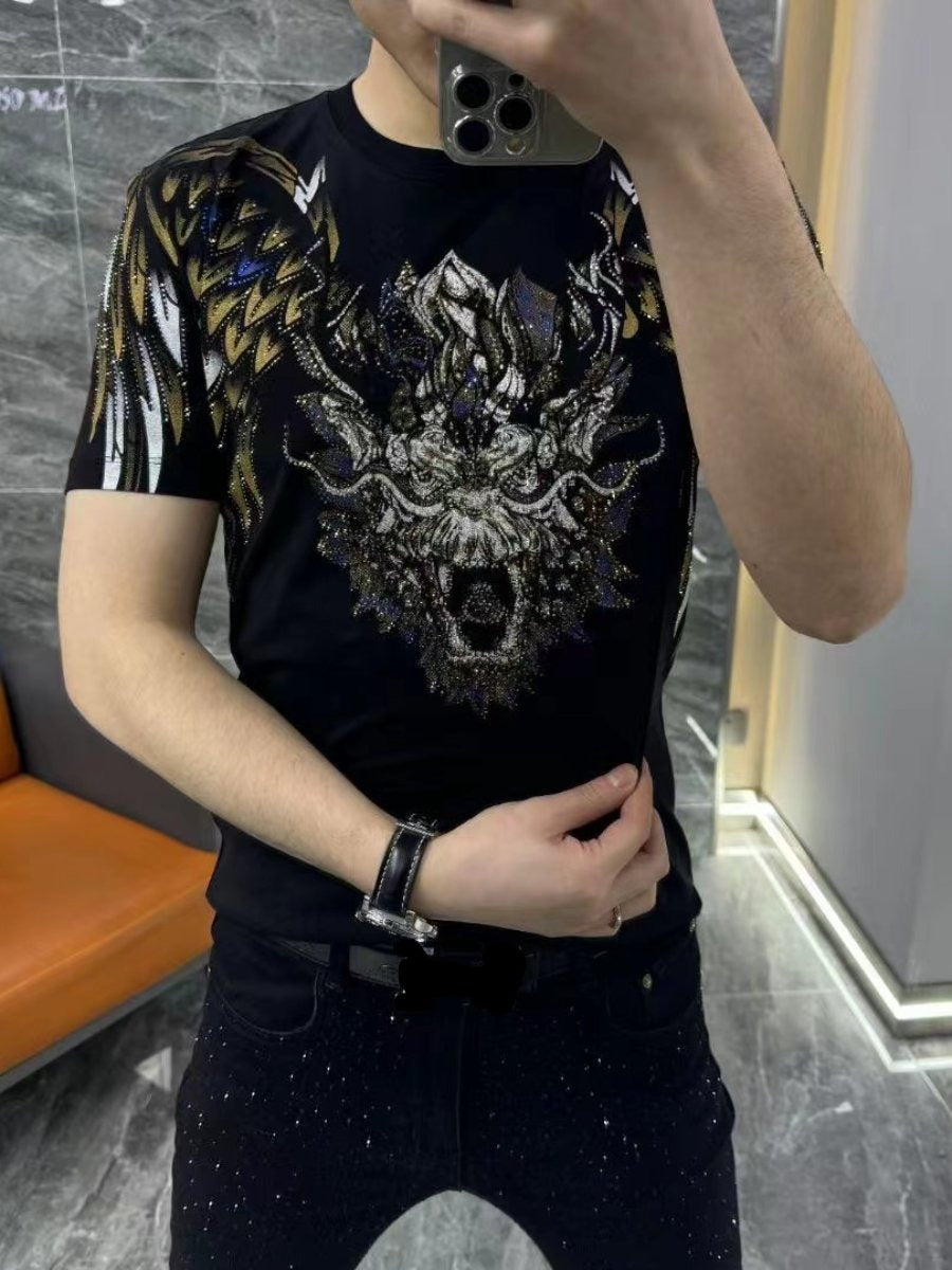 Trend Heavy Industry Tiger Head Hot Drilling Personality Short Sleeve