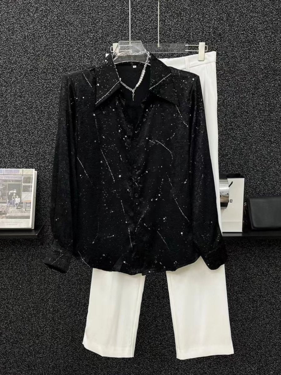 Rhinestone thin padded-shoulder long-sleeved shirt