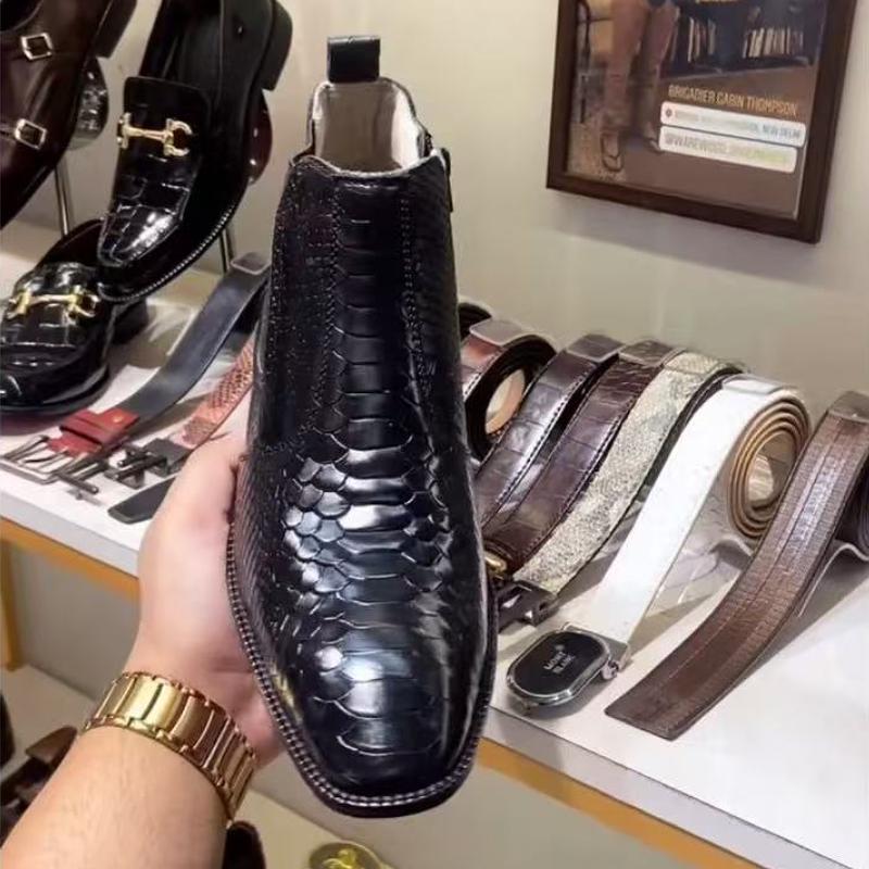 Shiny crocodile-print fashion men's boots