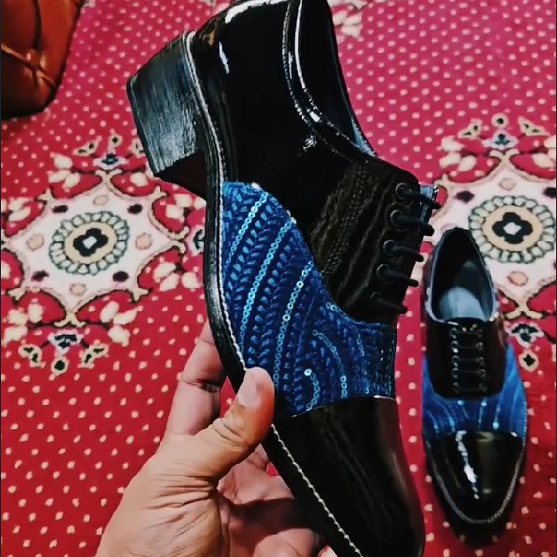 Men's leather shoes with blue sequins