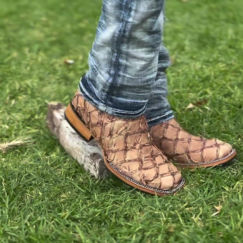 Vintage leather pattern square toe men's boots