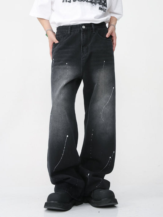 Loose Straight Distinctive Spray Paint Hot Drill Jeans