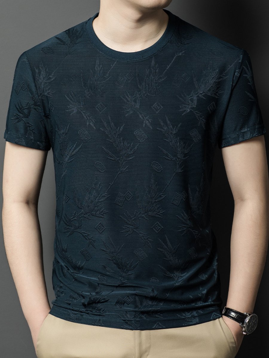 Leaf-print ice silk short-sleeved T-shirt