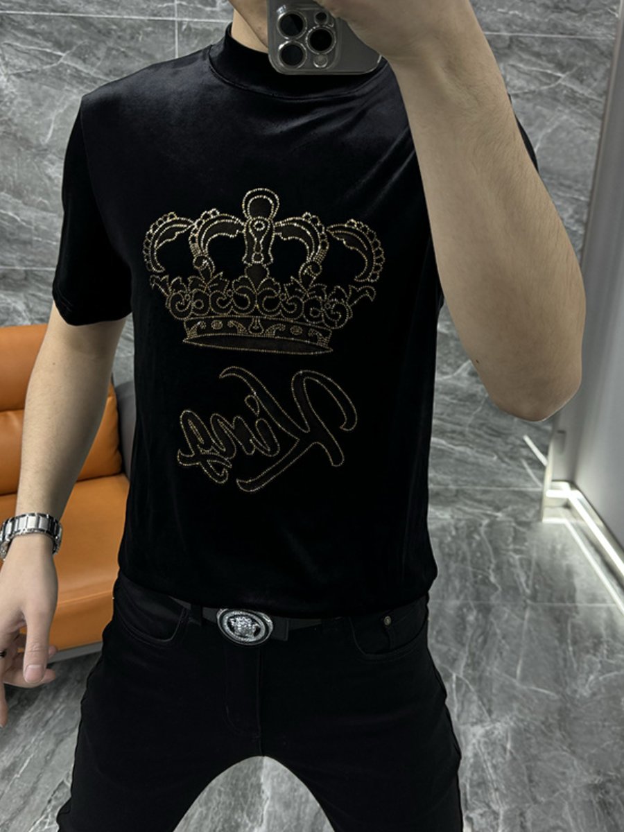 Light Luxury Gold Velvet Hot Drilling Slim-fit Short-sleeved