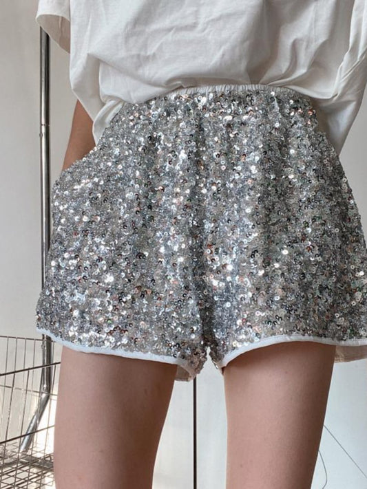 High Waist Slim Look Wide Leg Sequin Shorts