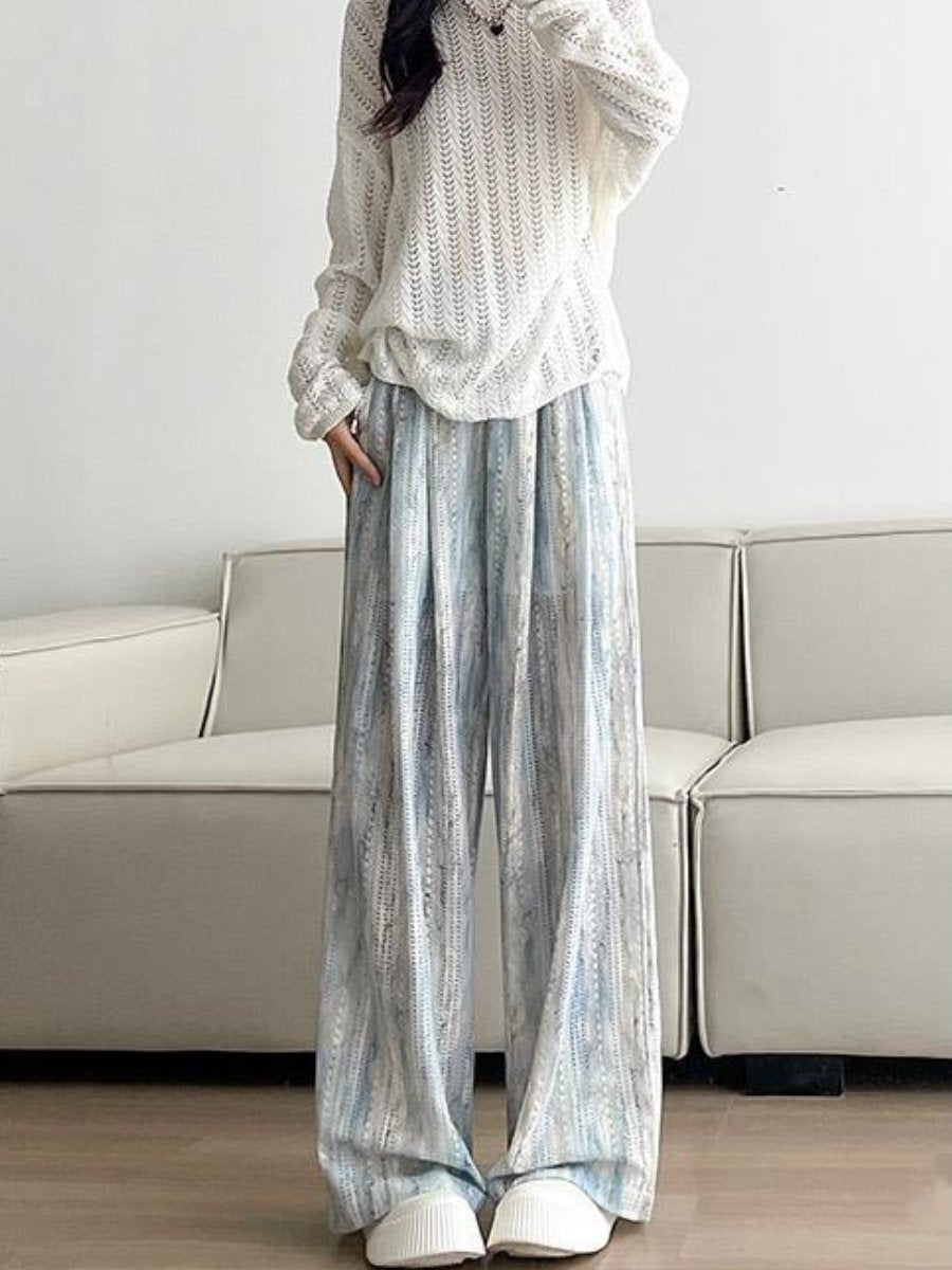 High waist draping casual slimming hollowed-out ice silk wide-leg pants