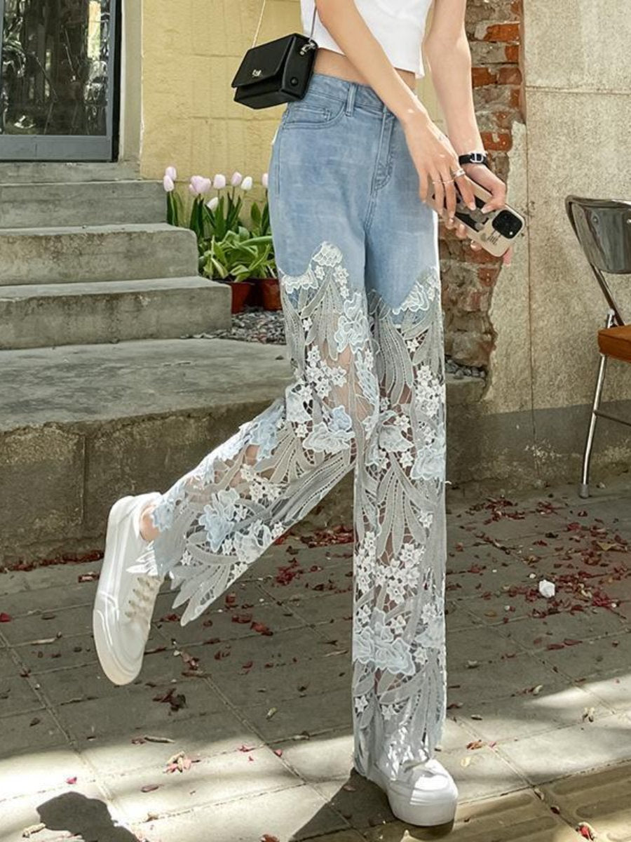 Vintage Lace-Stitching Slim-Fit Jeans